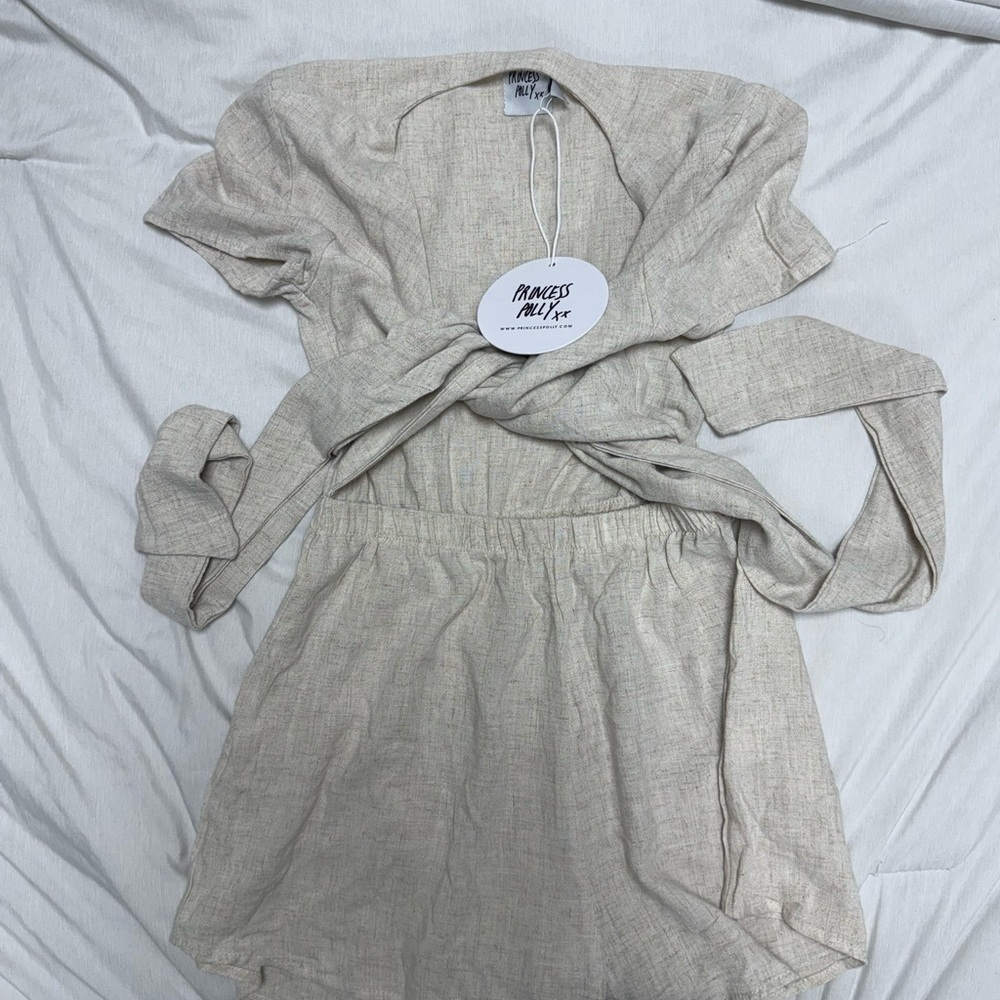 Princess Polly Tan Mini Wrap Dress with Flutter Sleeves